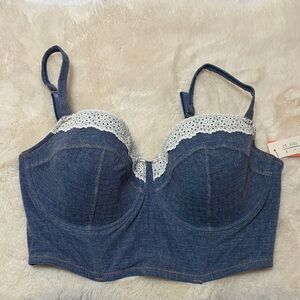 Colsie Blue Denim Bralette with White Lace